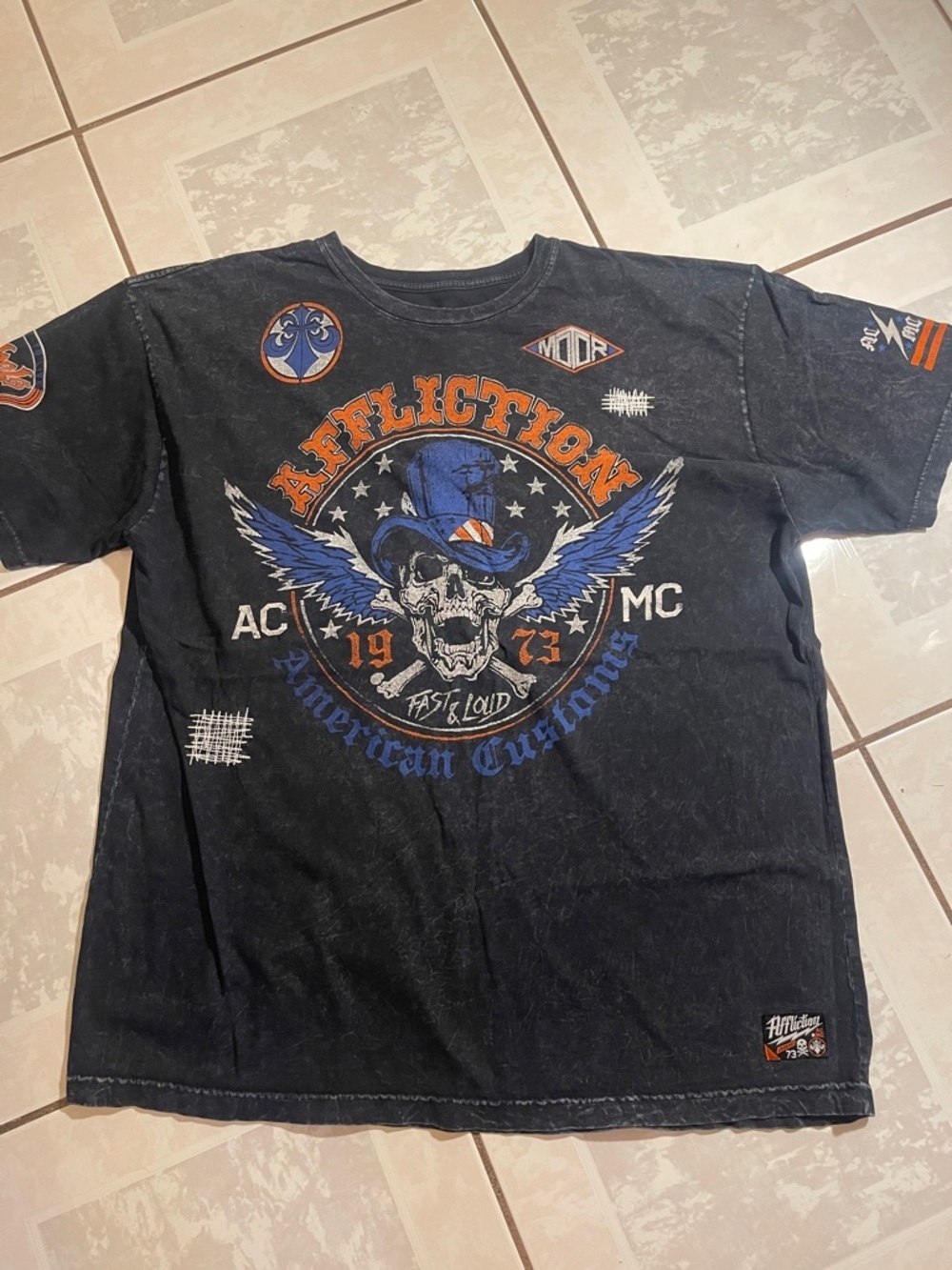Affliction Black Tee with Blue and Orange Graphic Accents